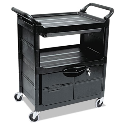 Utility Cart with Locking Doors, Plastic, 3 Shelves, 200 lb
